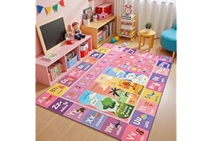 Macgace ABC Kids Rug for Playroom, 3x5 Pink Purple Washable Classroom Area Rugs, Toddler Educational Play Mat with Alphabet Numbers Seasons Shapes, Learning Fun for Preschool Children