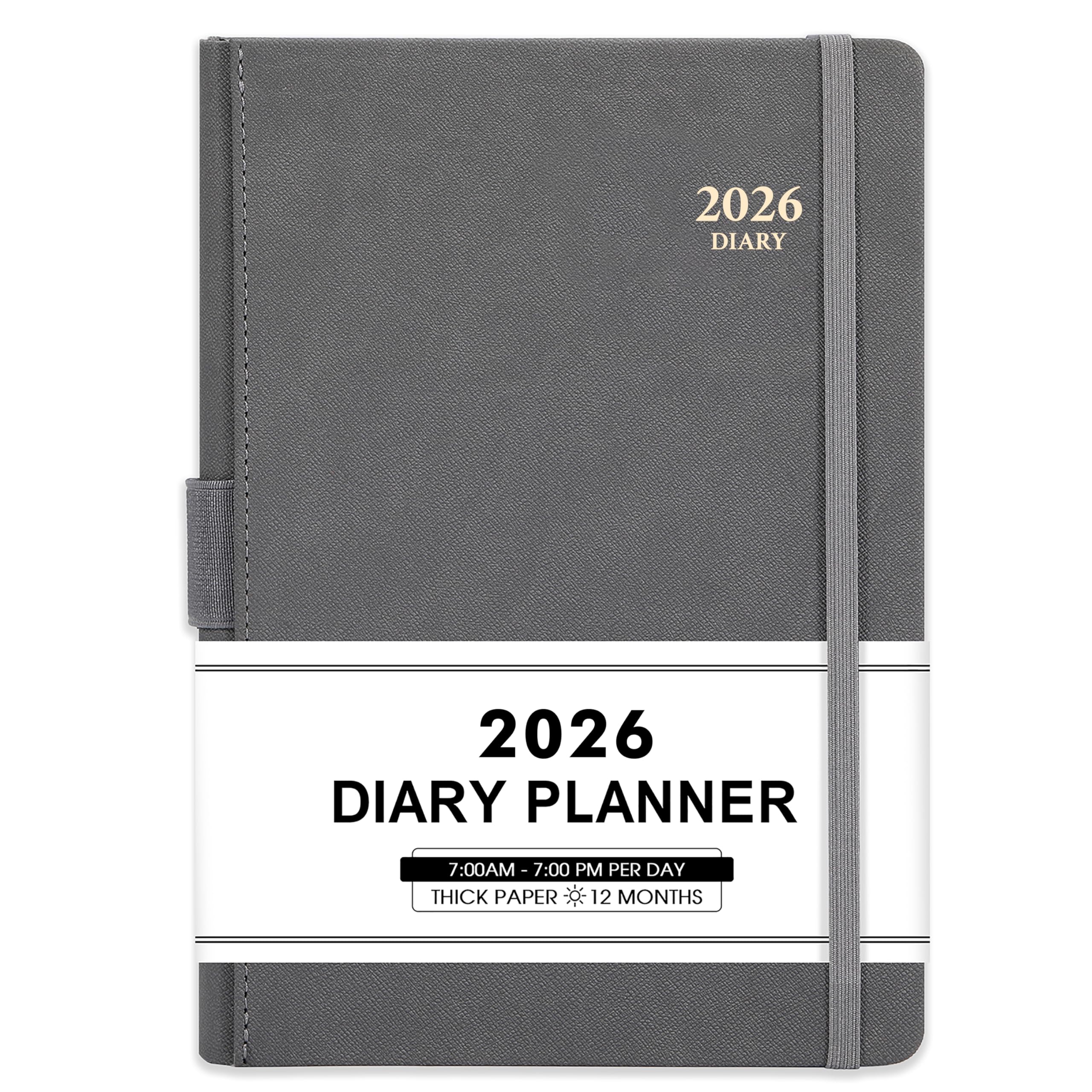 2026 Diary - A5 Diary 2026 Day Per Page, January 2026 - December 2026, with Faux Leather Cover, Monthly Tabs, Inner Pocket, 14.3 X 21 cm - Grey