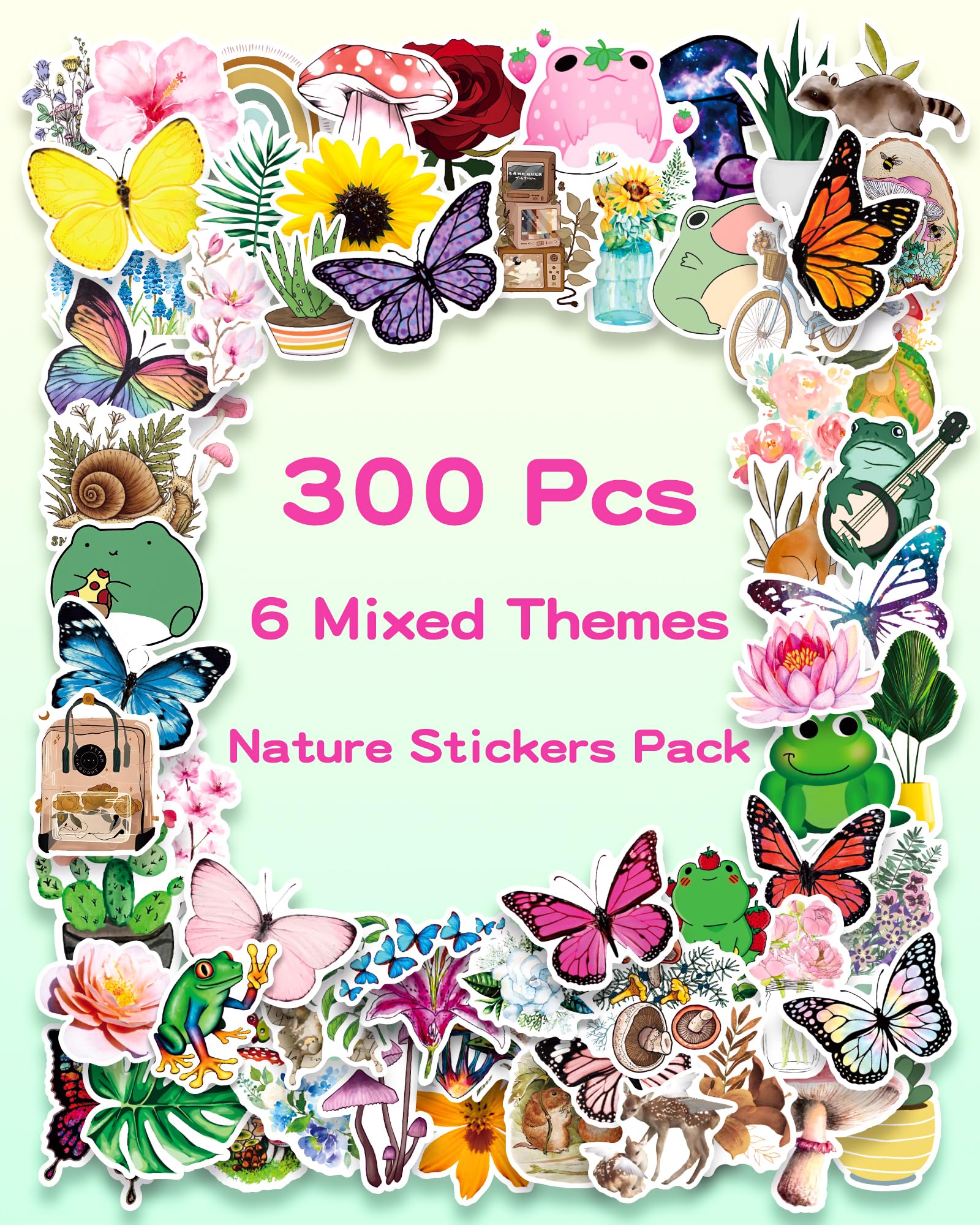AOWDIAO 300 Nature Stickers Pack 6 Mixed Themes Vinyl Waterproof Stickers Decals for Water Bottles Laptop Phone Scrapbook Journal Car