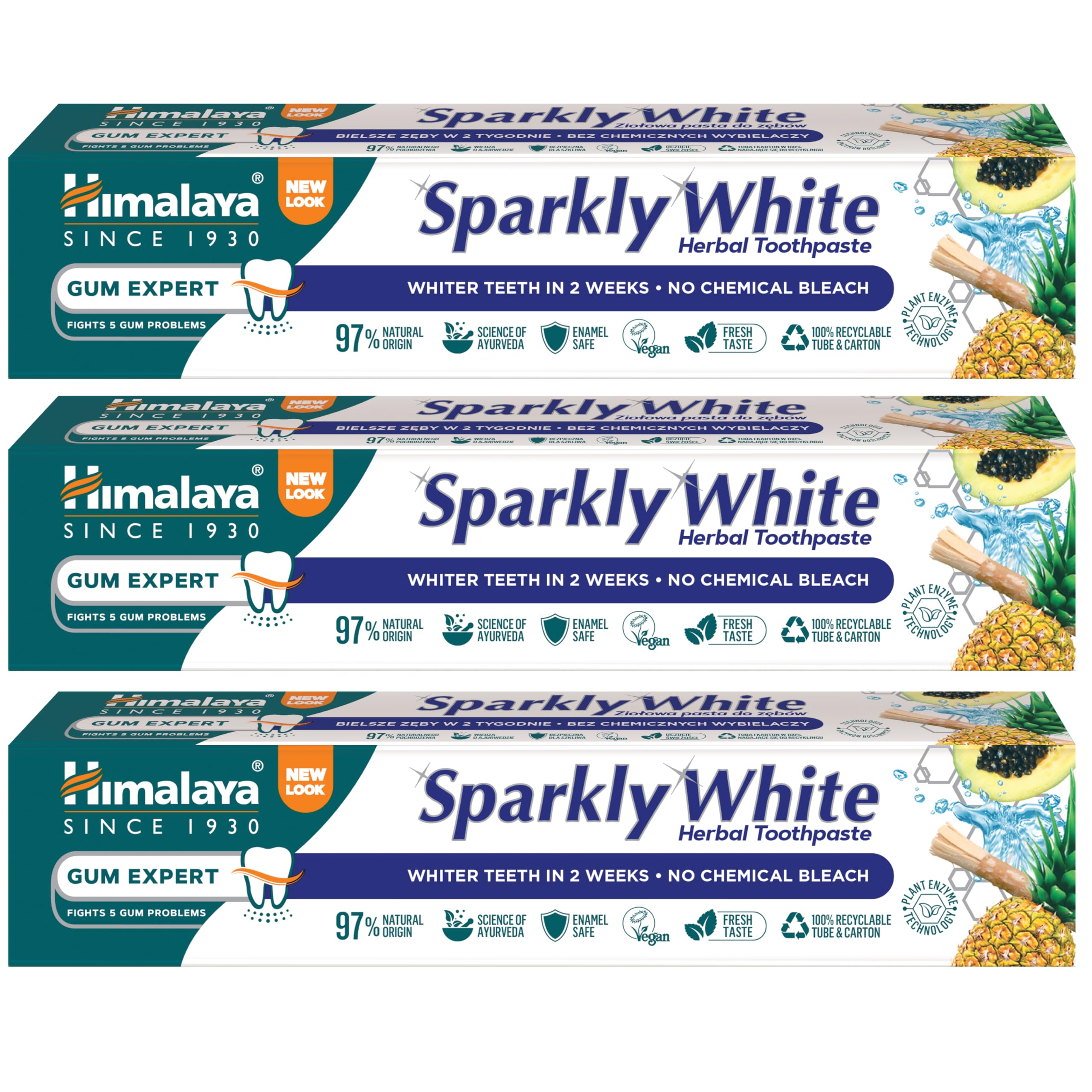Himalaya Herbals “Sparkly White” Herbal Toothpaste * Whiter Teeth in 2 Weeks * with Advanced Plaque Removal, Chemical Free, Vegan Friendly, Anti-inflammatory 12-Hour Germ Protection 75ml (3-Pack)