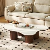 Mid Century Modern Coffee Table for Living Room, Travertine Cloud-Shape Top | 48 Inch Sintered Stone Coffee Table, Walnut Wood Legs, Low Profile Tea Table Center Table for Small Spaces, Home Office