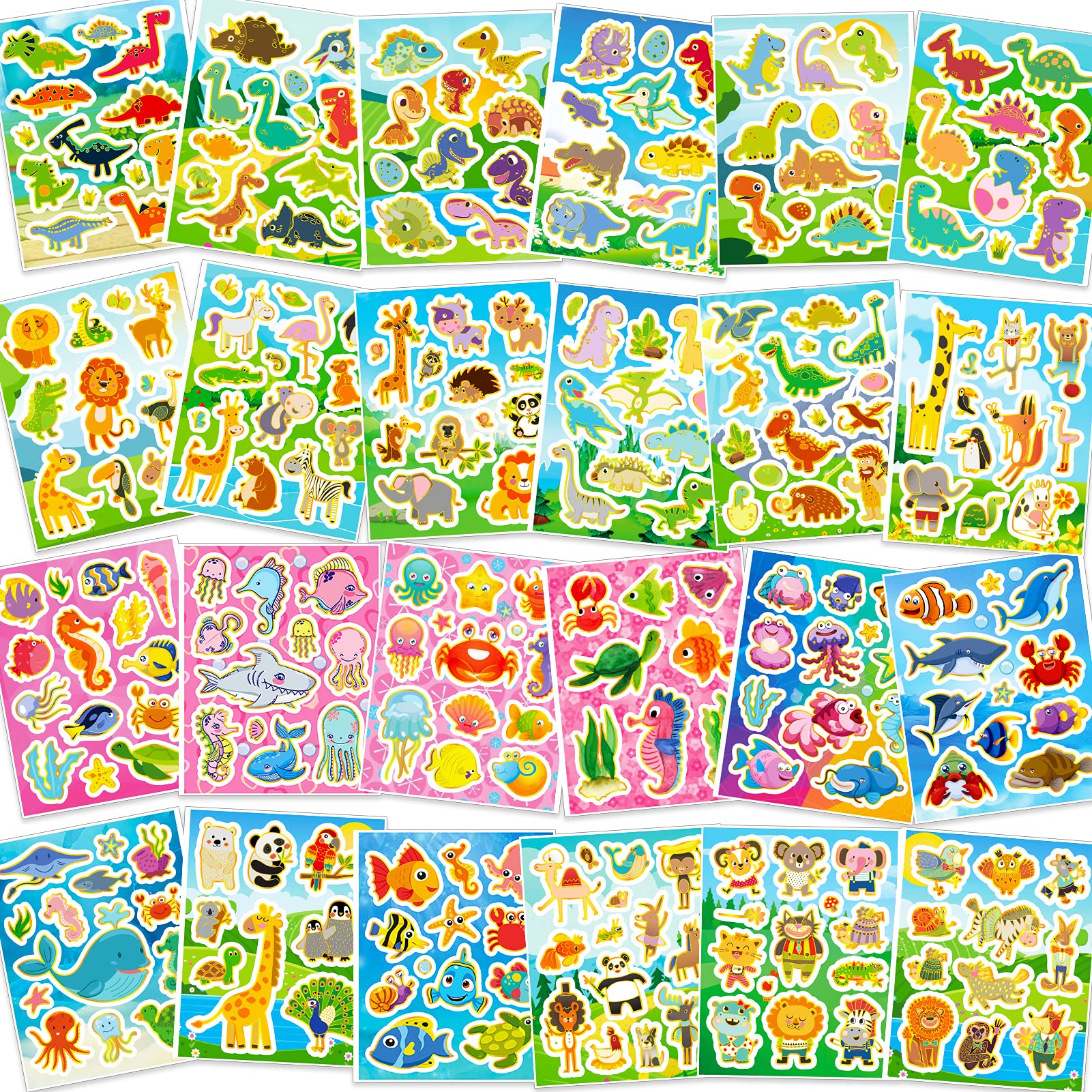 HOWAF 300+ Glitter Stickers for Kids Crafts, DIY Scrapbooking Cards - 24 Sheet Sea Animal Dinosaur Stickers for Boys Journal, Photo Albums, Water Bottle