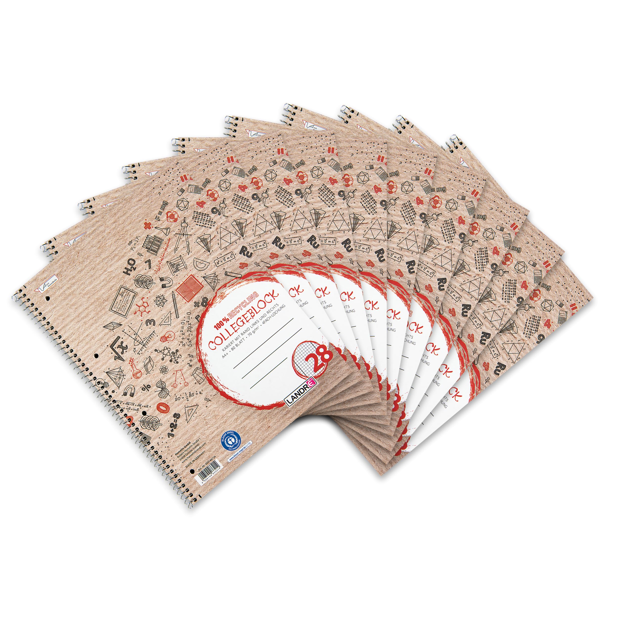 Landré 400146724 College Notepad Recycled A4 Squared 80 Sheets Line Style 28 Red Pack of 10