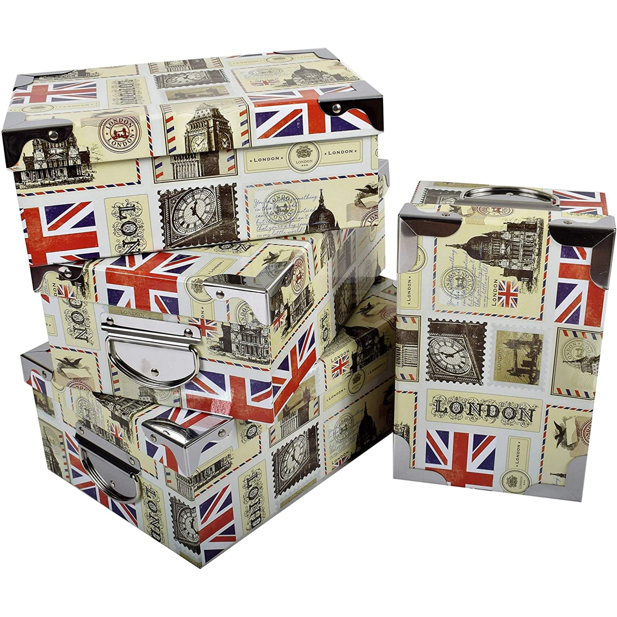 2J London, Set Of 4 Printed Cardboard Storage Boxes Decor UK, England, London With Metal Angles And Handles. Sizes: XL 29x20x11 cm - L 27x18x10.5 cm - M 25x16.5x10 cm - S 23x15x9 cm