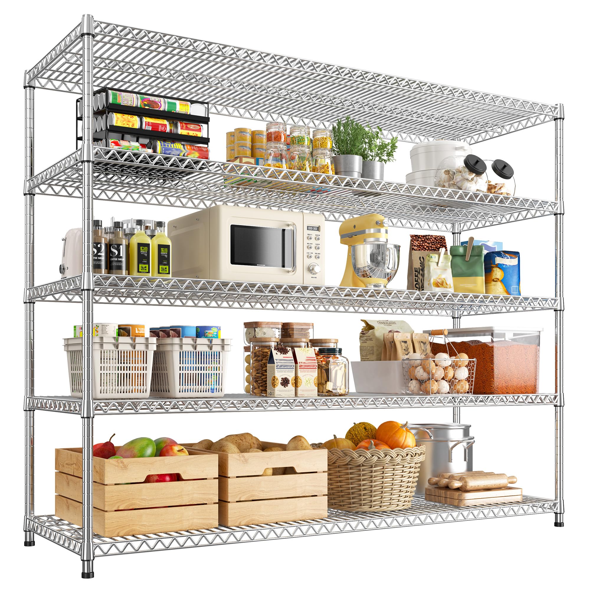 REIBII 55.5" W Storage Shelves 3200LBS Metal Shelving 5 Tier Wire Shelving Garage Shelving Heavy Duty Metal Shelves for Shelving Unit Commercial Adjustable Shelf, 55.5" W X 18''D X 71" H，Chrome