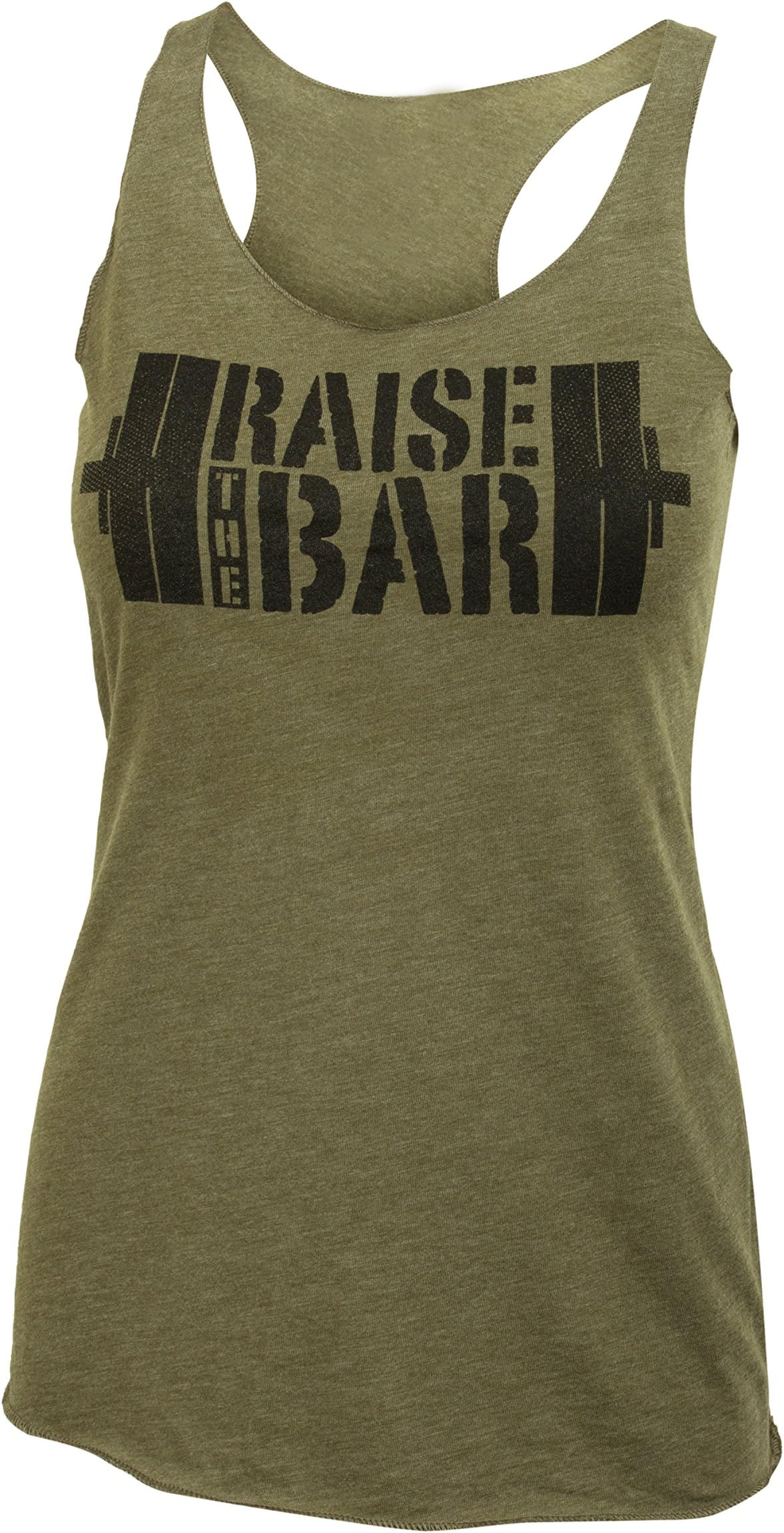 Jumpbox Fitness Raise The Bar - Big Stencil - Women's Barbell Military Green Tri Blend Racerback Workout Tank Top