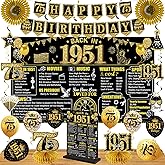75th Birthday Decorations Kit for Men Women, Black Gold 24PCS Back in 1951 Banner Decorations , Vintage 1951 Banner Wooden Table Sign Poster Hanging Swirl Balloons Paper Fans Cheers to 75 years