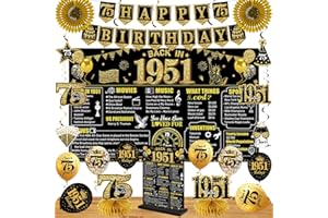 EIURTEAO 75th Birthday Decorations Kit for Men Women, Black Gold 24PCS Back in 1951 Banner Decorations , Vintage 1951 Banner Wooden Table Sign Poster Hanging Swirl Balloons Paper Fans Cheers to 75 years