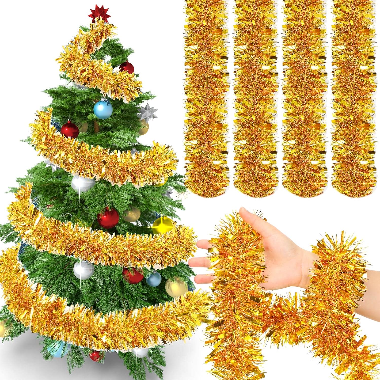 Wreaths, Garlands & Swags - 72 Feet Christmas Tinsel Garland Shiny Metallic Tinsel Twist Garland Streamers Ornaments Long Glitter Christmas Tree Hanging Decorations for Party Holiday Wedding Birthday Tree Wall Rail (Gold)