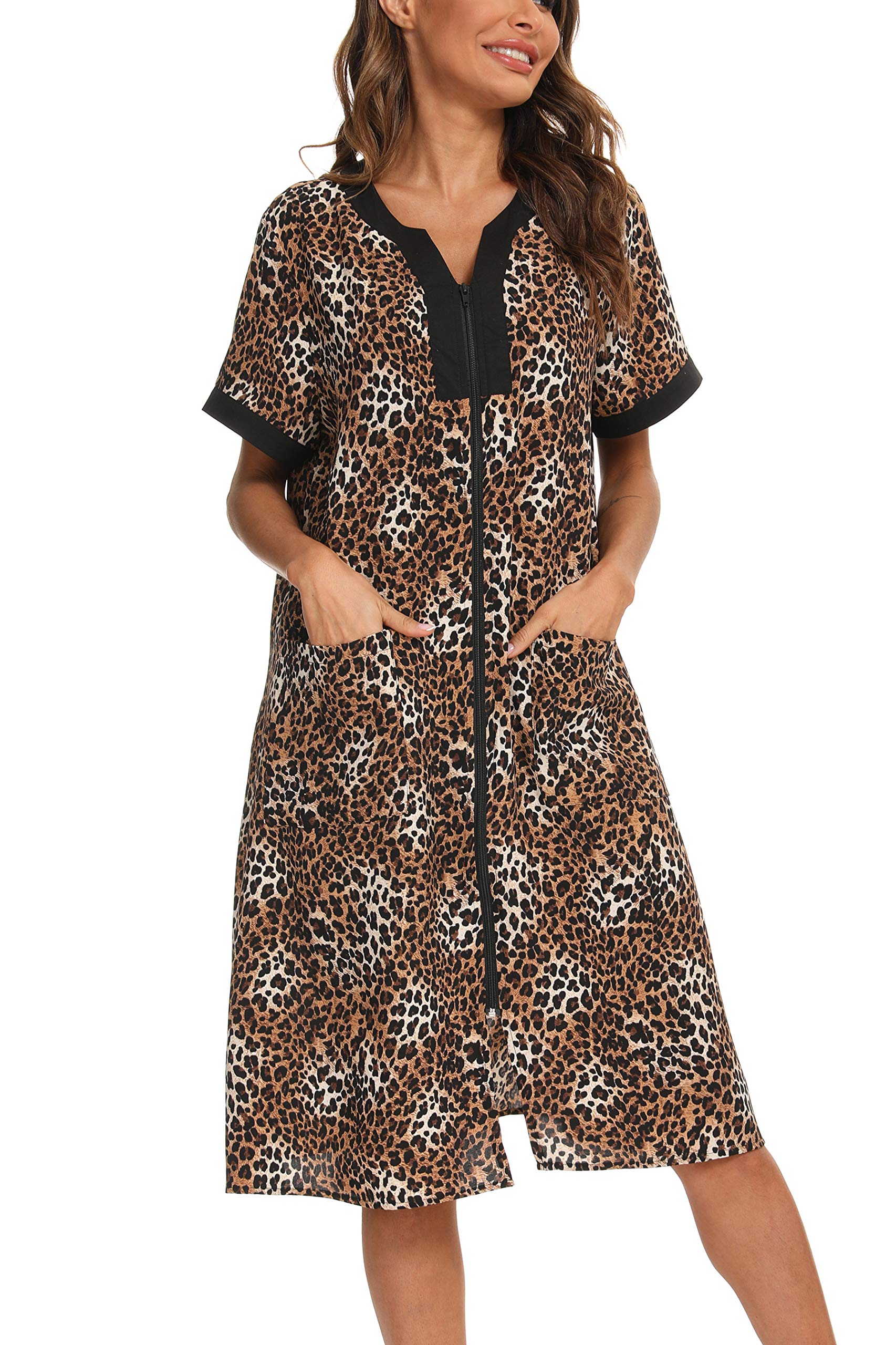 Photo 1 of YOZLY House Dresses for Women Zipper Front Housecoat Lightweight Duster Robe with Pockets, Leopard, Large