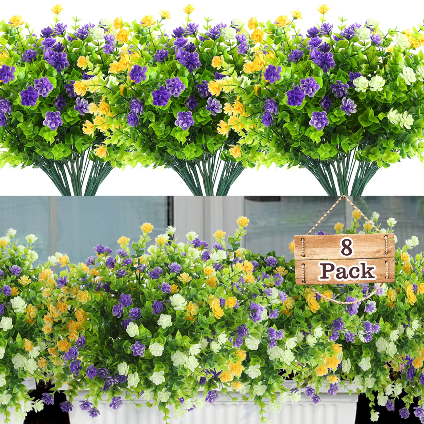 ALAGIRLS Outdoor Artificial Flowers UV Resistant 8 Bundles, Plastic Faux Flowers Fake Plants for Outdoor Planters Garden Front Door, Cemetery Flowers for Grave Vase Everlasting, White Yellow Purple
