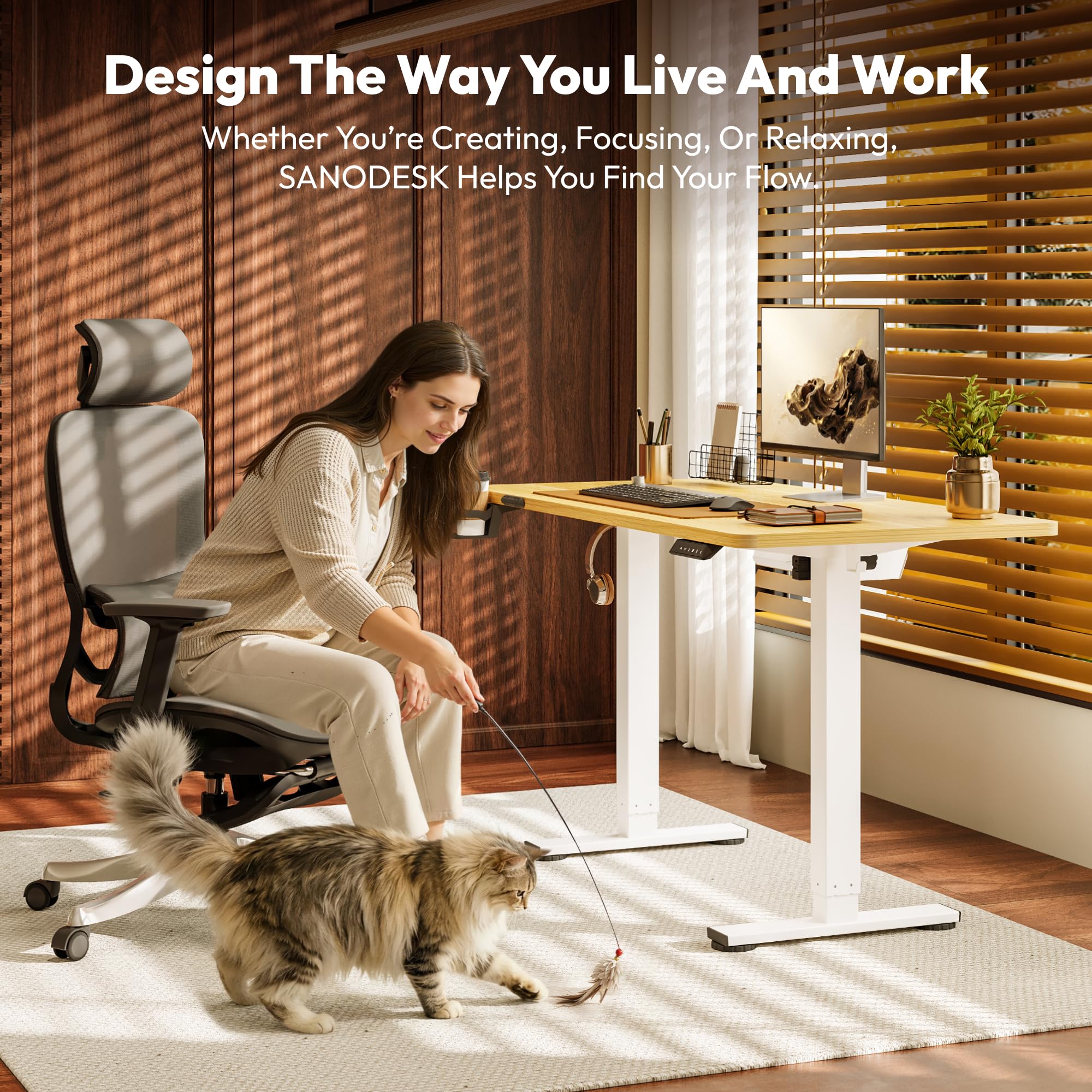 SANODESK Höhenverstellbarer Schreibtisch 110×54 cm – Kompakter Standing Desk mit praktischem Zubehör, ideal für kleine Räume, leise & sicher mit Anti-Kollisions-Schutz(ahorn) 2