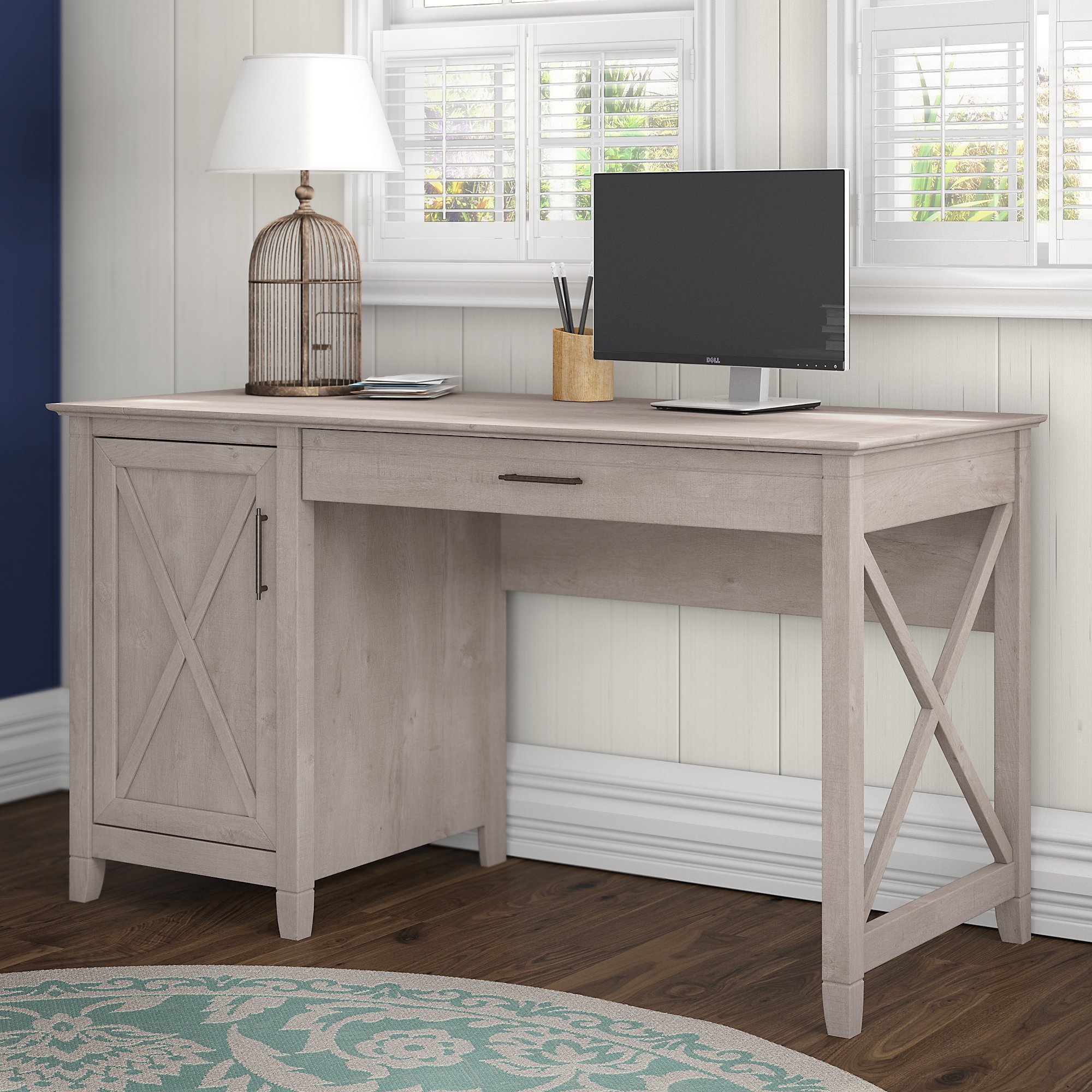 Bush Furniture Key West Collection 54W Single Pedestal Desk in Washed