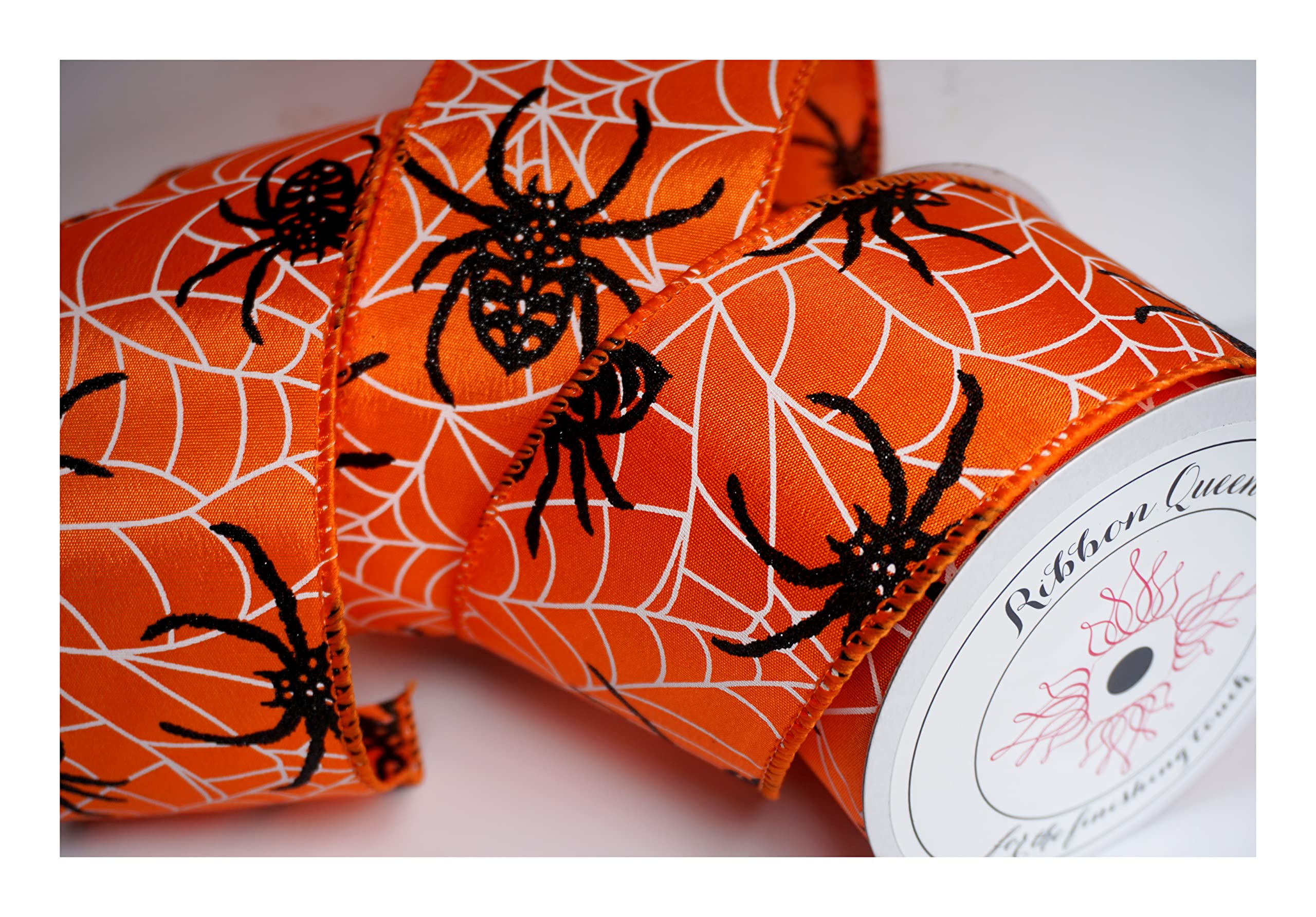 Ribbon Queen Halloween Wire Wired Edged Ribbon Black Orange Purple Green Cakes Decor Trim 1.5" and 2.5 (Black Spiders and Cobwebs on Orange, 3m)