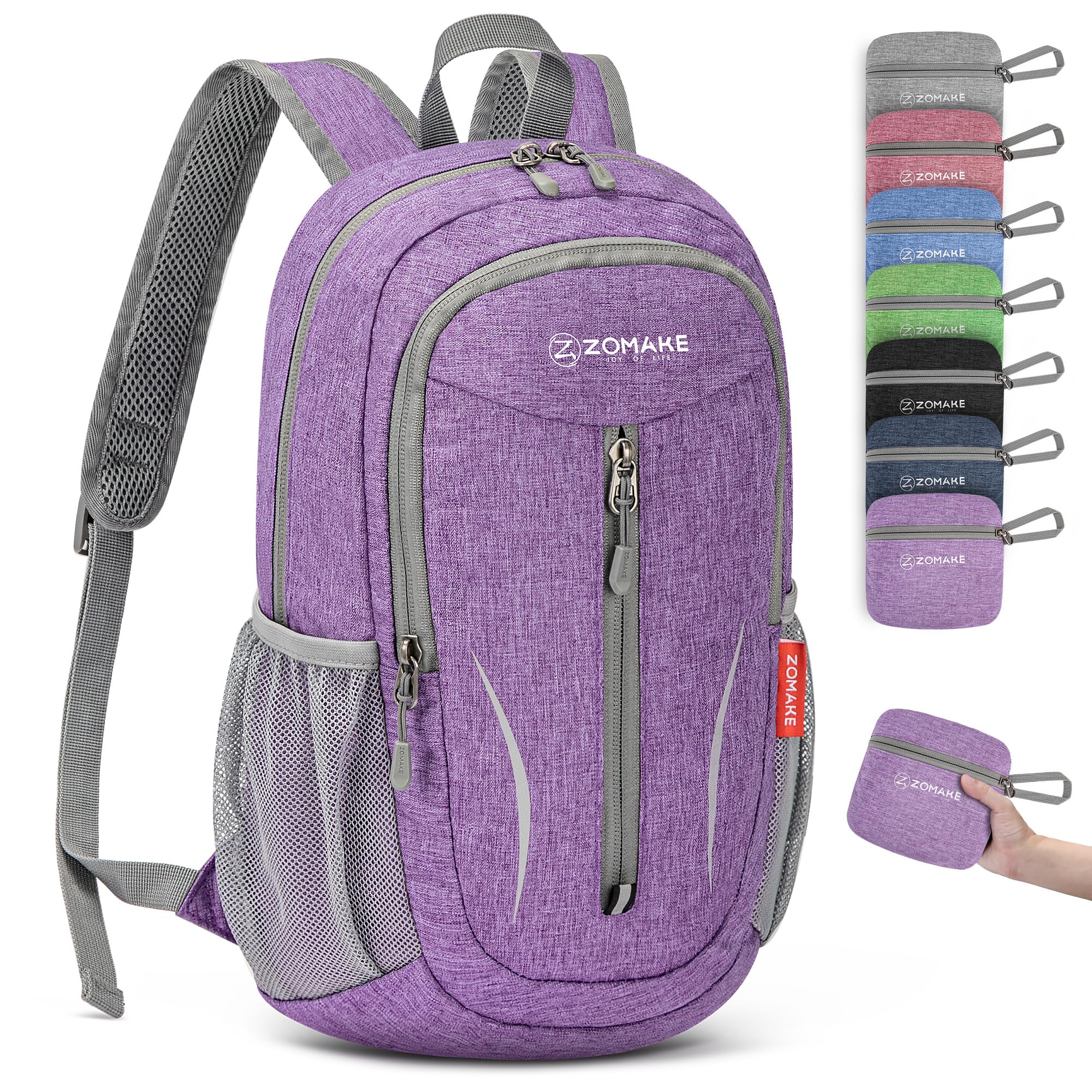 ZOMAKE Lightweight Foldable Backpack, Packable Rucksack Folding Small Back Pack 10L Foldaway Ultralight Daypack for Women Men Travel Hiking Walking (Purple)