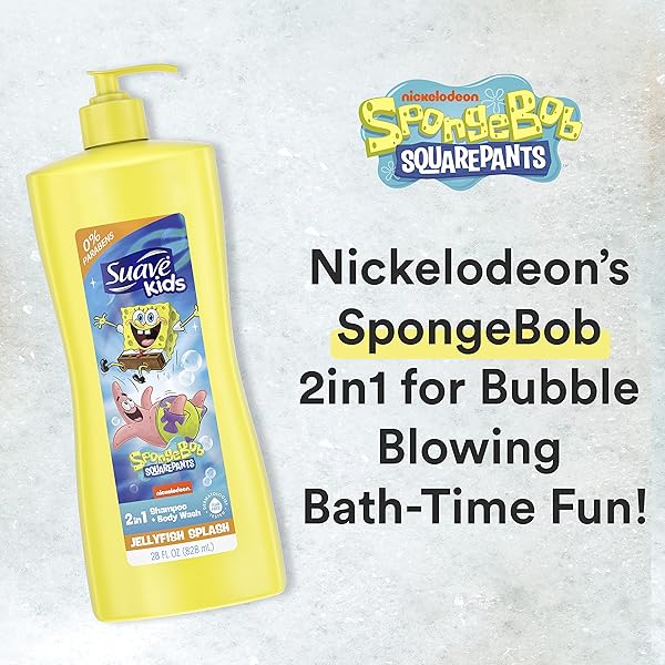 SUAVE KIDS 3 IN1 SHAMPOO & BODY WASH FOR KIDS NICKELODEON SPONGEBOB DERMATOLOGIST-TESTED AND TEAR-FREE, STRAWBERRY, YELLOW, 28 FL OZ