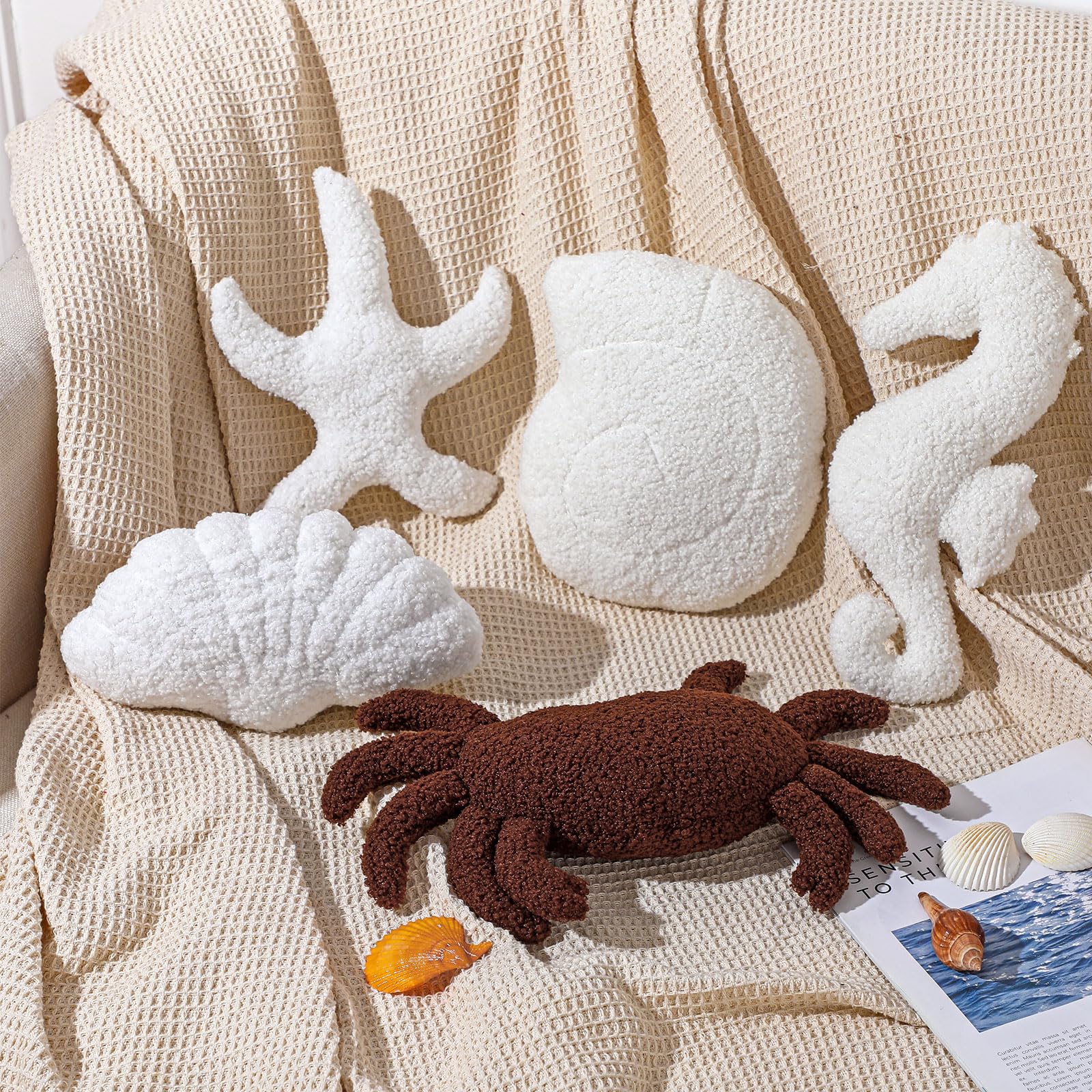 Photo 1 of Beeveer 5 Pcs Ocean Animal Shaped Pillows Starfish Seashell Seahorse Crab Shaped Plush Pillow Coastal Beach Decor Ocean Plush Cushion for Under The Sea Party Children Sofa Living Bedroom