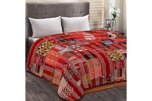BOHO SANSKRITI Indian Silk Patchwork Kantha Quilts Queen Twin Size Patola Bedspread Throws Bedding Comforter Hand Quilted Blankets Premium Bohemian Bed Cover for Sale- Mix RED Color Shades Patches
