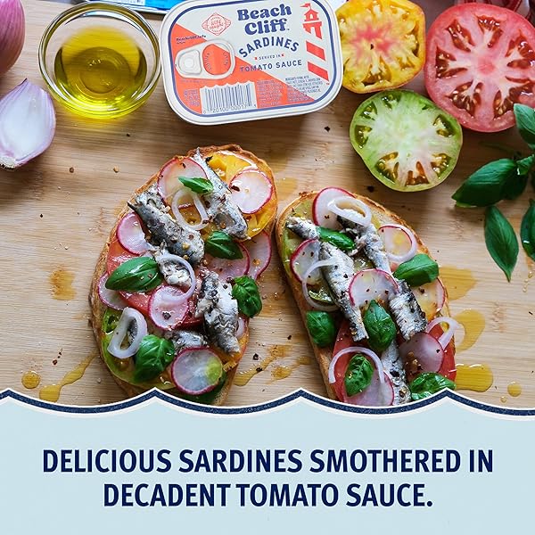 BEACH CLIFF WILD CAUGHT SARDINES IN TOMATO SAUCE, 3.75 OZ CAN (PACK OF 12) – 16G PROTEIN PER SERVING – GLUTEN FREE, KETO FRIENDLY – GREAT FOR PASTA & SEAFOOD RECIPES
