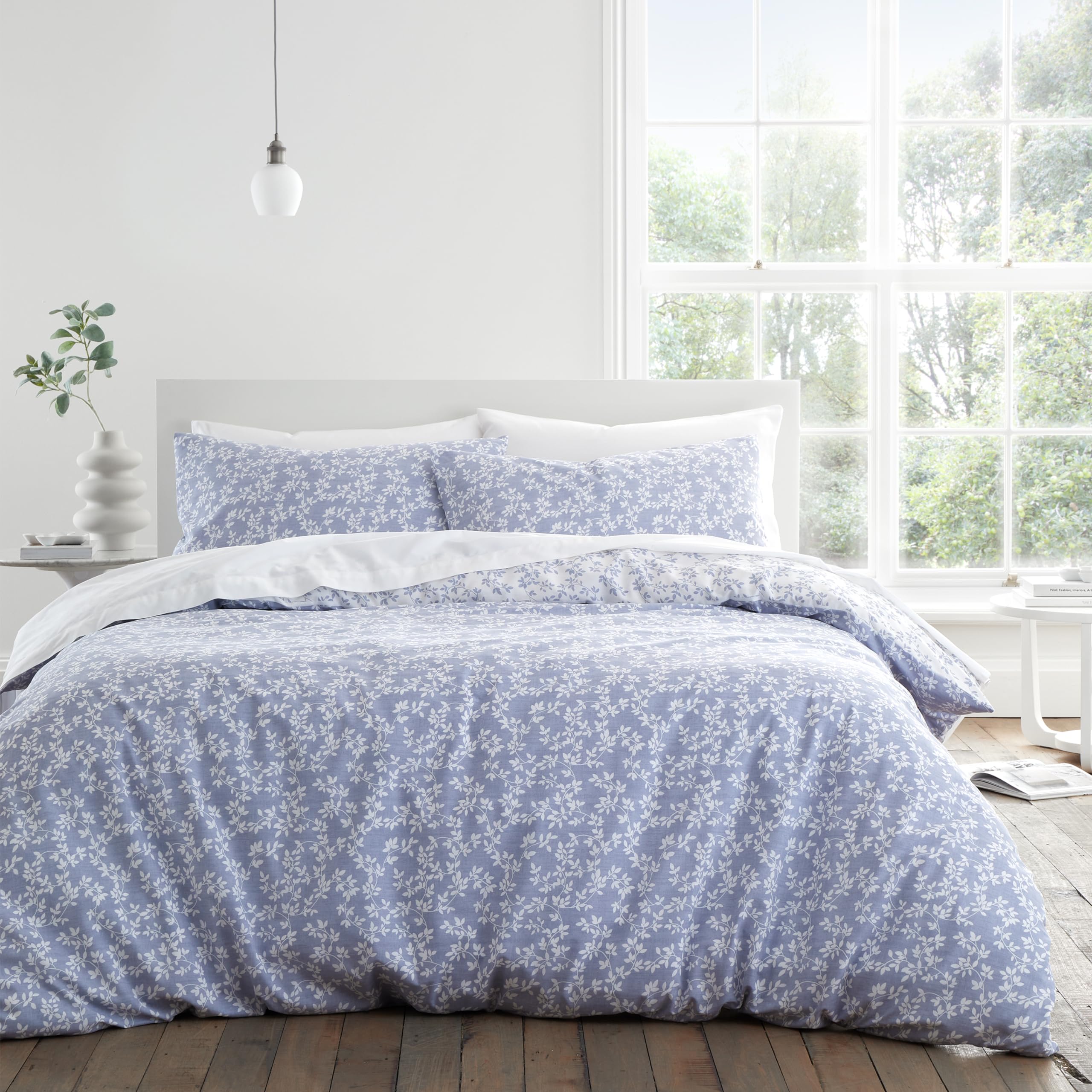 Bianca Shadow Leaves 200 Thread Count Cotton Single Duvet Cover Set with Pillowcase French Blue