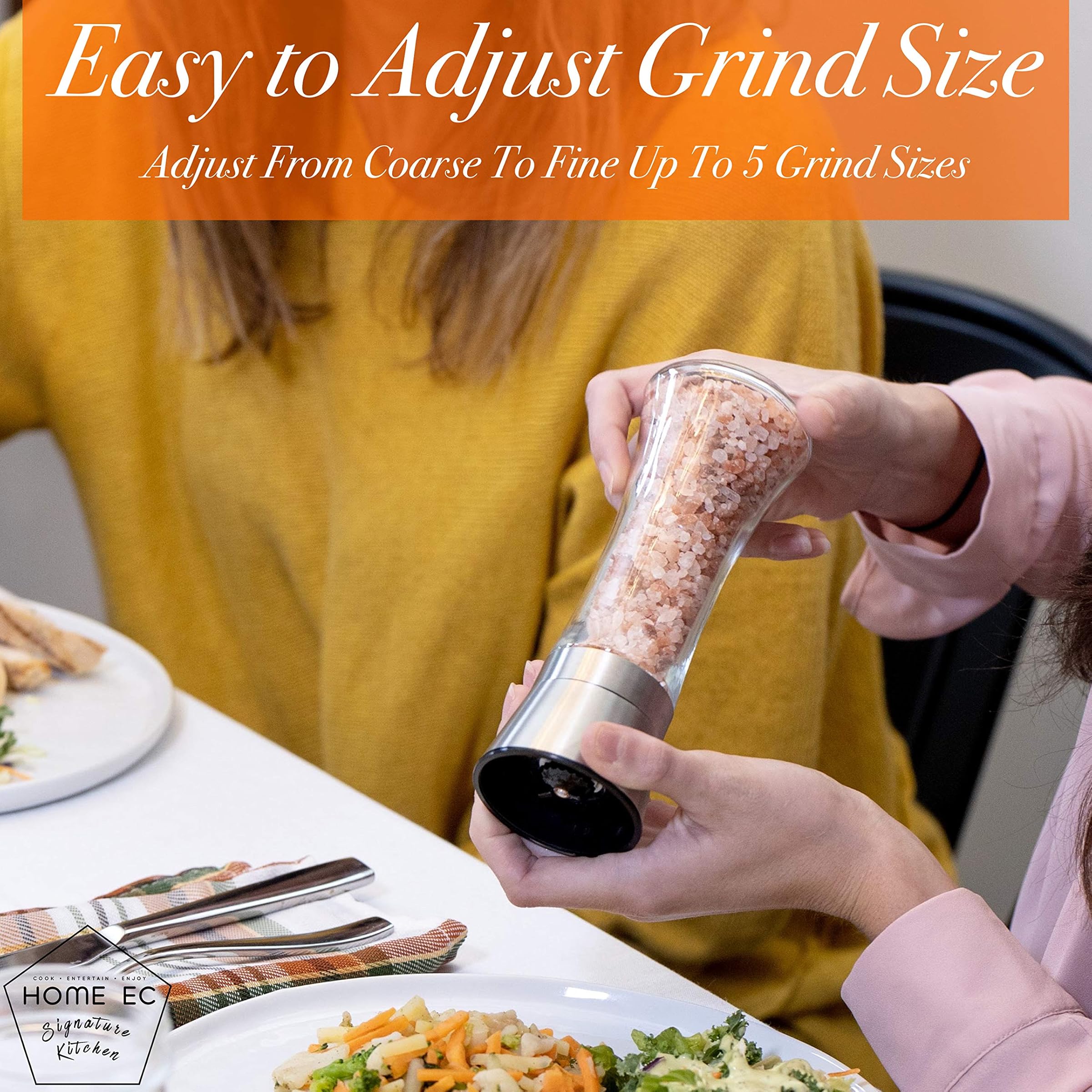(Tall) - Premium Stainless Steel Salt and Pepper Grinder Set of 2 - Adjustable Ceramic Sea Salt Grinder & Pepper Grinder - Tall Glass Salt and Pepper Shakers - Pepper Mill & Salt Mill with Free Funnel & EBook
