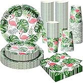 Jingmore 200 Pcs Tropical Flamingo Hawaiian Aloha Party Supplies Serve 50 Guests Luau Paper Plates Cups Napkins for Summer Beach Tableware Pool Party