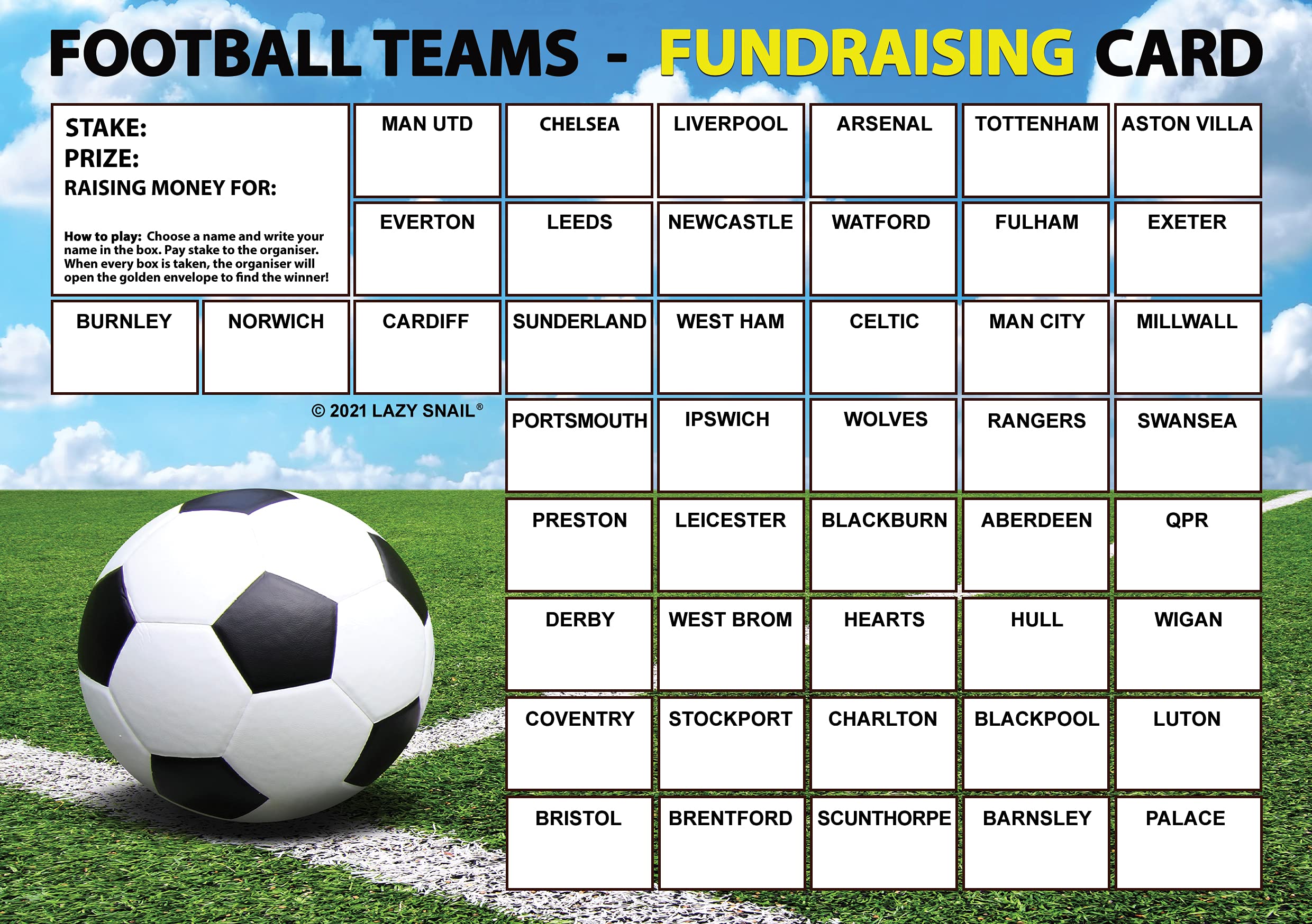 Lazy Snail ‘Football Teams’ Fundraising Cards – Pack of 8 (45 Squares per Card) – Fun Prize Game for Schools, Sports Clubs & Charity Events – A5 Size, Full-Colour Fundraising Pack