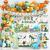 One a Saurus Birthday Decorations 105Pcs Dinosaur 1st Birthday Party Supplies for Boy Dinosaur Balloon Garland Balloon Box Backdrop Monthly Photo Highchair Banner Tablecloth Cake Topper Hat Poster