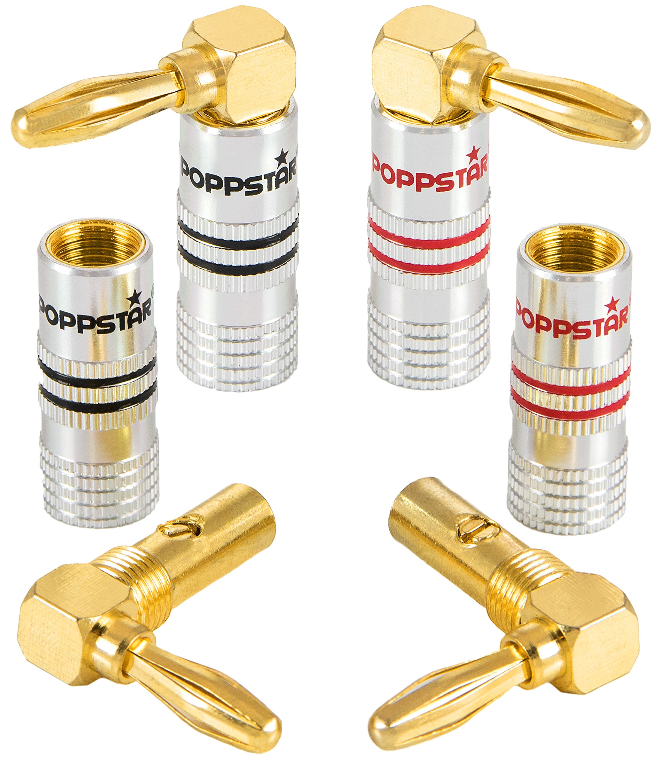 Poppstar Banana plug angled, for cables up to 4 sq mm screwed or 6 sq mm soldered, 24k gold plated contacts, pack of 4