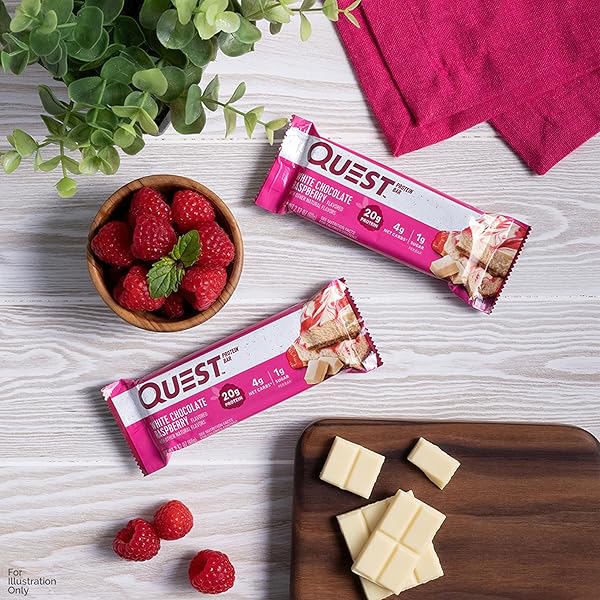 QUEST NUTRITION WHITE CHOCOLATE RASPBERRY PROTEIN BARS, 20G PROTEIN, 1G SUGAR, 5G NET CARB, HIGH FIBER, GLUTEN FREE, KETO FRIENDLY, 4 COUNT