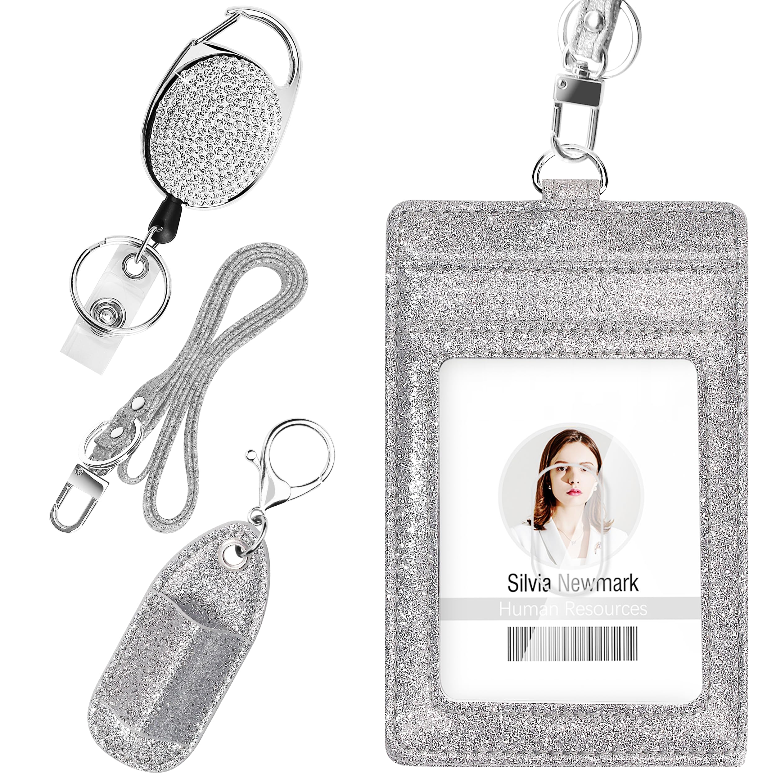 Retractable ID Badge Holder, Multipurpose Bling Rhinestone Badge Reel with Belt Clip, Shiny PU Leather Badge Holder with Lanyard and Pen Holder for Nurse, Teacher, Student, Office Worker (Silver) — image 1