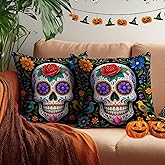 HOMETITUTE Pack of 2 Day of The Dead Pillow Covers 18x18 Inch Colorful Sugar Skull with Flowers and Birds Halloween Pillow Covers Spooky Throw Pillow Covers for Couch Pillows Bed Sofa Home Decor