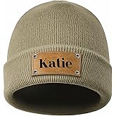 Custom Winter Knit Beanies | Personalized Leather Patch Hats | Matching Hats for Family | Warm Knit Caps for Kids, Adults
