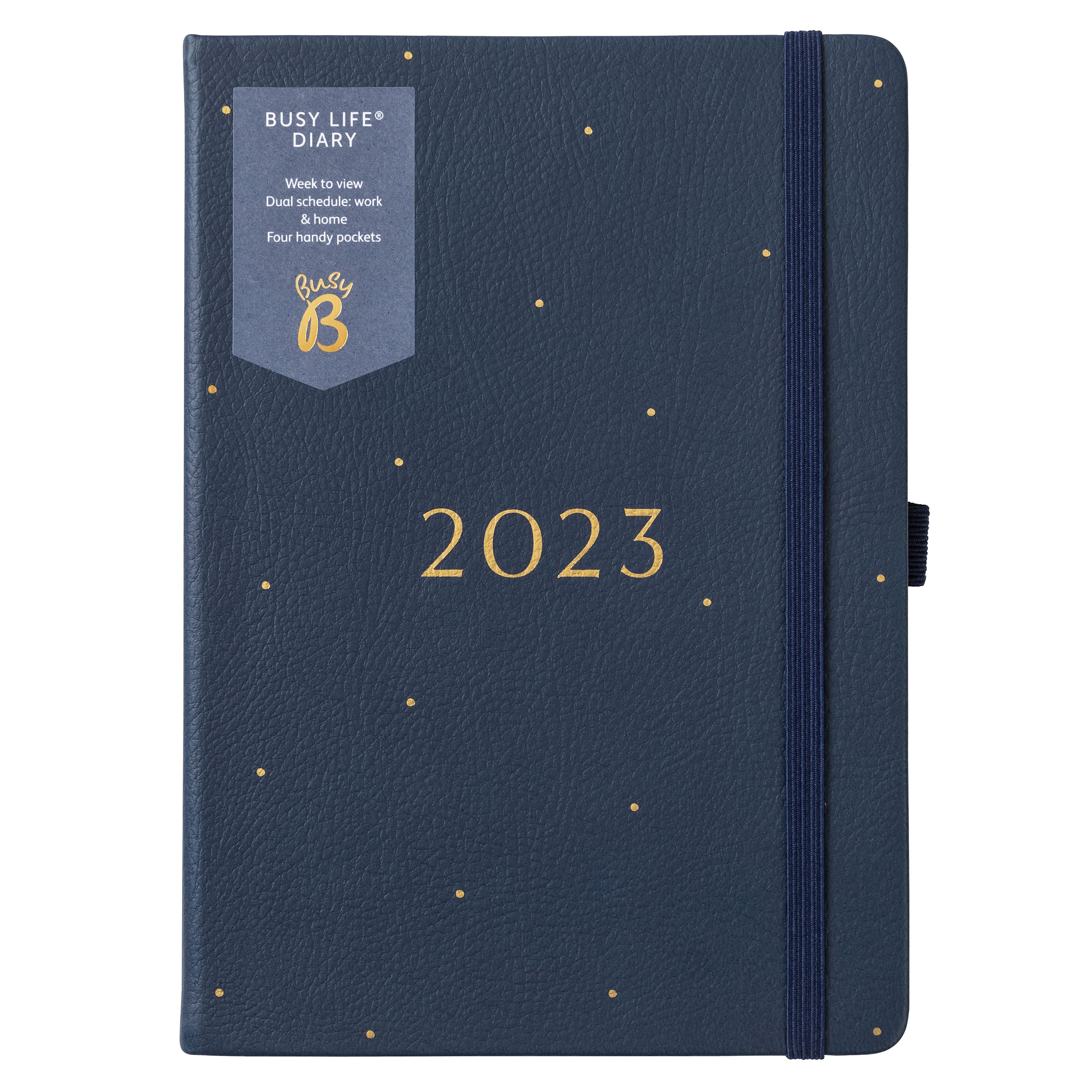 Busy B Busy Life Diary January to December 2023 - A5 Navy - Faux Leather Week to View Planner with Dual Schedules, Pen holder and Pockets