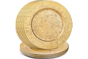 ZOOFOX 12 Pack Gold Charger Plates, 13" Plastic Round Antique Plate Charger for Dinner Plates, Floral Charger Plates for Wedd