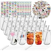 16 oz Clear Plastic Cups Reusable with Lids and Straws & DIY Sticker, 20Pack Acrylic Mason Jars Iced Coffee Drinking Glasses Cup for Park Picnic, Poolside, Party Giveaways
