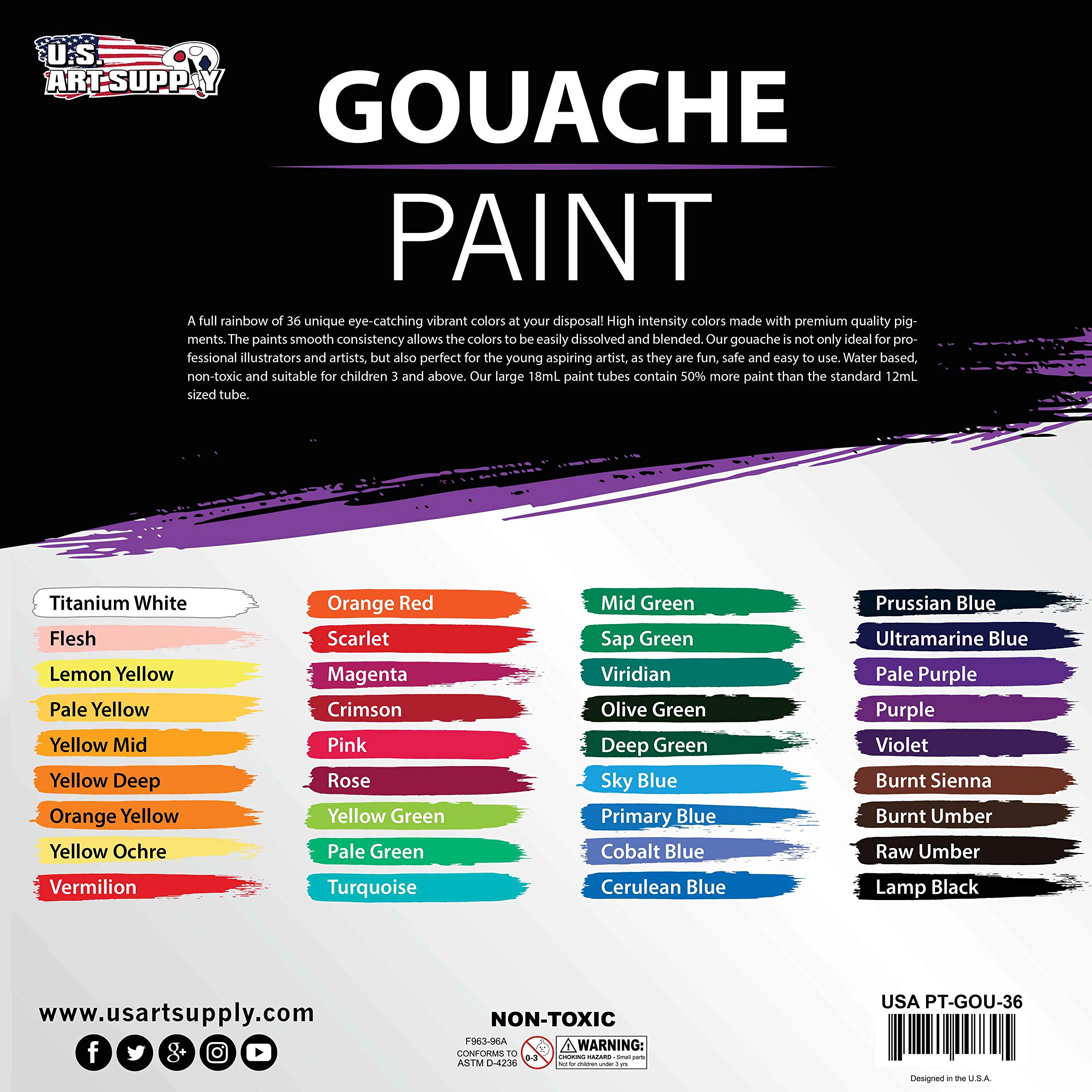 U.S. Art Supply Professional 36 Color Set of Gouache Paint in Large 18ml Tubes - Rich Vivid Colors for Artists, Students, Beginners - Canvas Portrait Paintings - Color Mixing Wheel