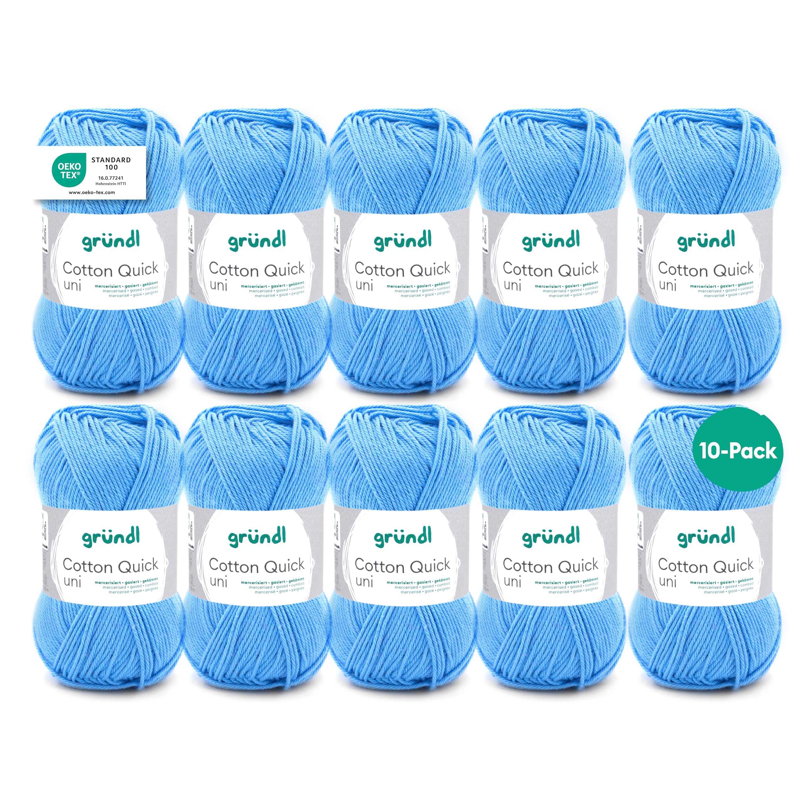 Gründl Cotton Quick Uni knitting/crochet yarn, 10 balls à 50 g (colourful yarn made of 100% cotton, OEKO-TEX certified, 50 g / 125 m, needle size: 3-4, 10 x 50 g), light blue