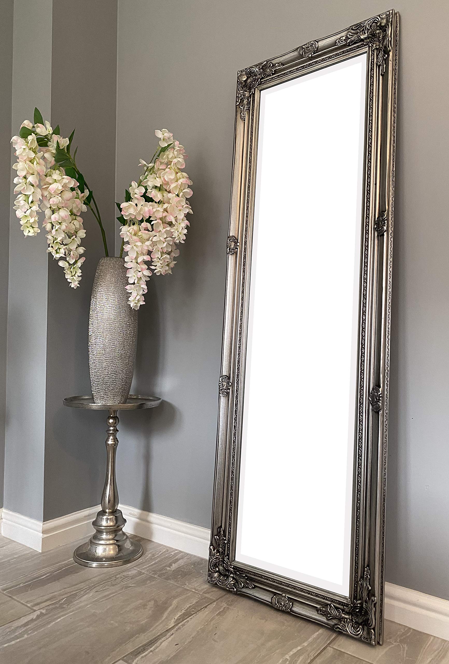 DOWNTON INTERIORS UK Beautifully Tall & Ornate ANTIQUE SILVER Vintage Style Dressing Wall Mirror with Bevelled Glass - Overall Size: 56 inches x 18 inches (142 cm x 47 cm)