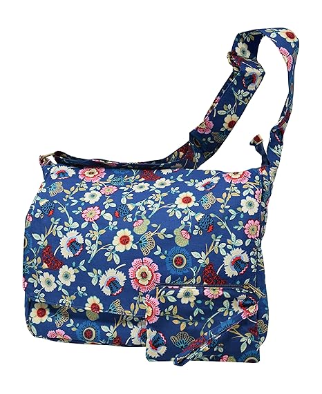 Crossbody Canvas Shoulder Messenger Laptop Case with Extra Zippered Storage Compartments with Wallet (Blue Floral) By MingS