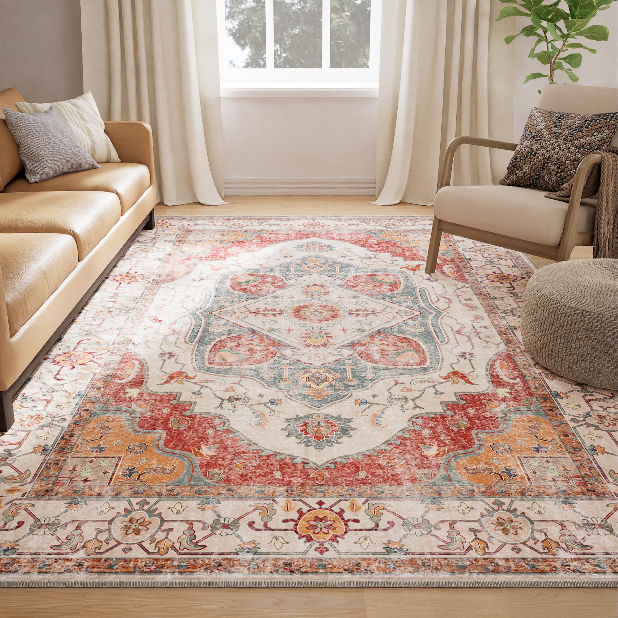 Photo 1 of RELEANY 6x9 Area Rug Vintage Machine Washable Low Pile Carpet No Shedding Area Rugs for Living Room Bedroom Dining Room Kitchen Entryway Hallway Office Indoor-Brick/Pink