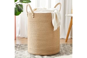 MOJOSCEND 62L Jute Woven Hamper Laundry Basket Wicker Rope Clothes Hamper for Baby Nursery Kids Tall Rattan Blanket Basket in Living Room Bedroom