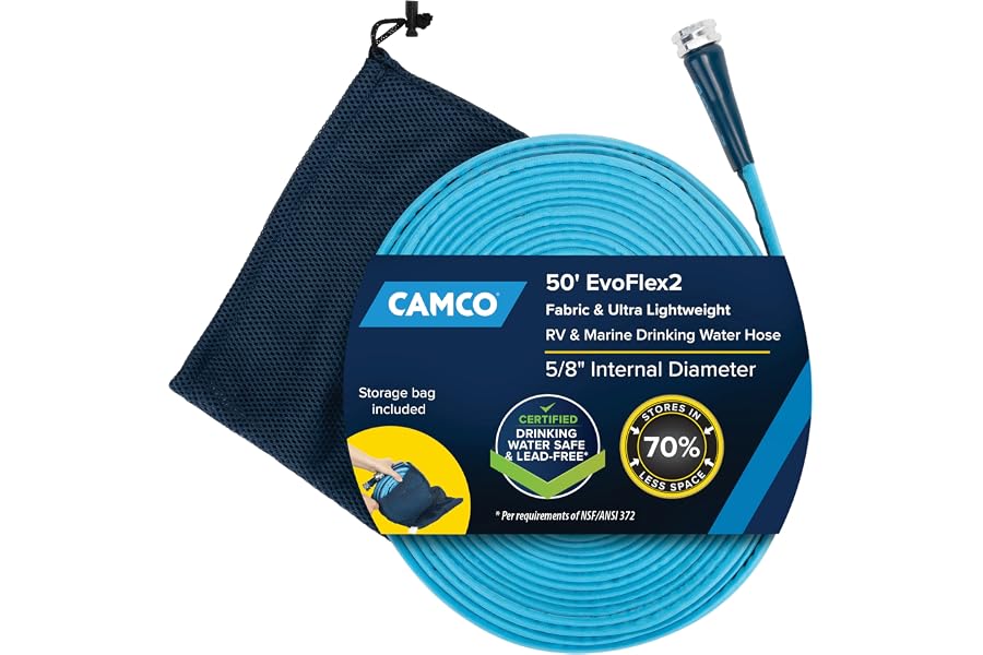 Camco EvoFlex2 50-ft Drinking Water Hose - RV Drinking Water Hose Reinforced with Fabric & Ultra Lightweight - Contains No Le
