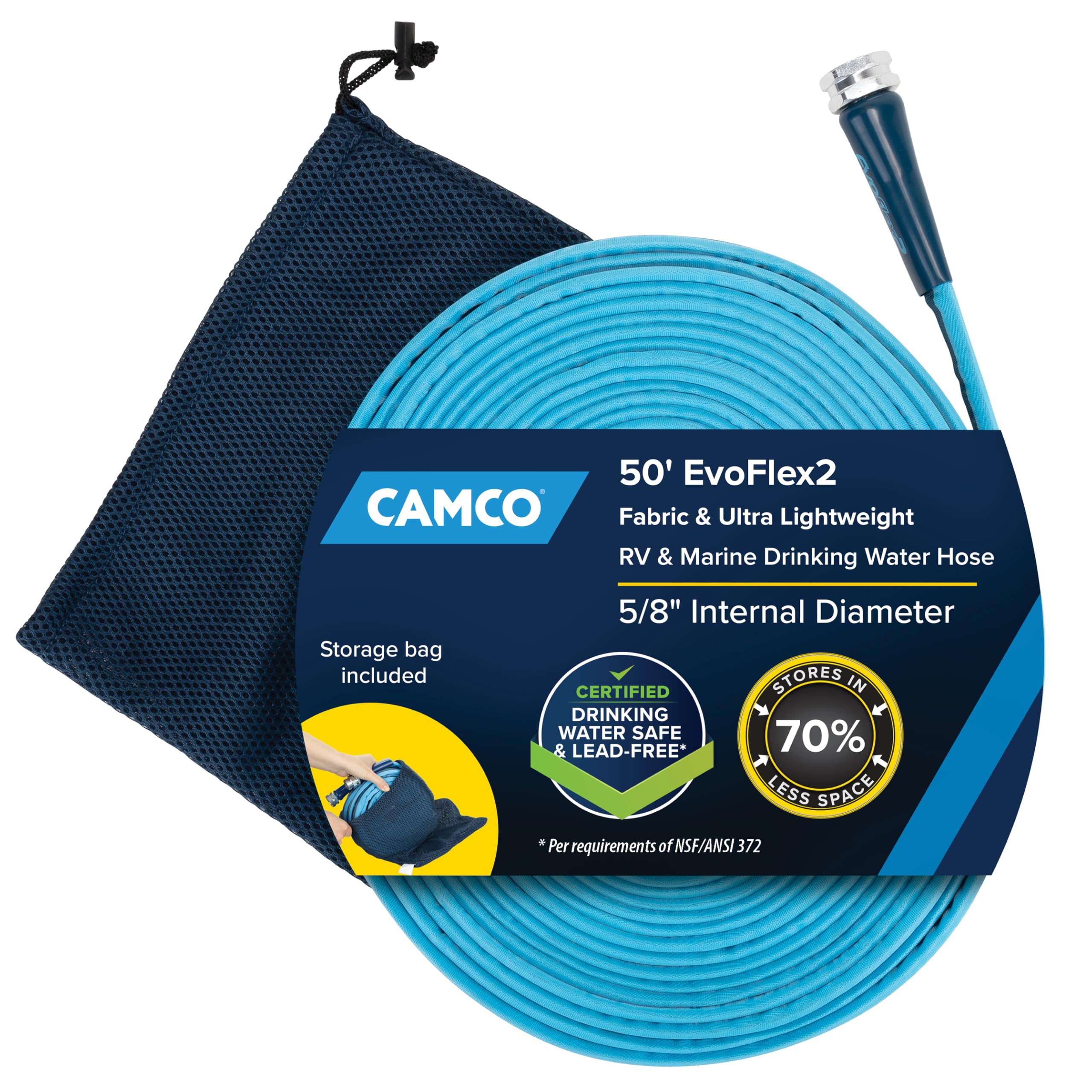 Camco EvoFlex2 50-ft Drinking Water Hose - RV Drinking Water Hose Reinforced with Fabric & Ultra Lightweight - Contains No Lead, No BPA & No Phthalate - Abrasion Resistant (22579) Image