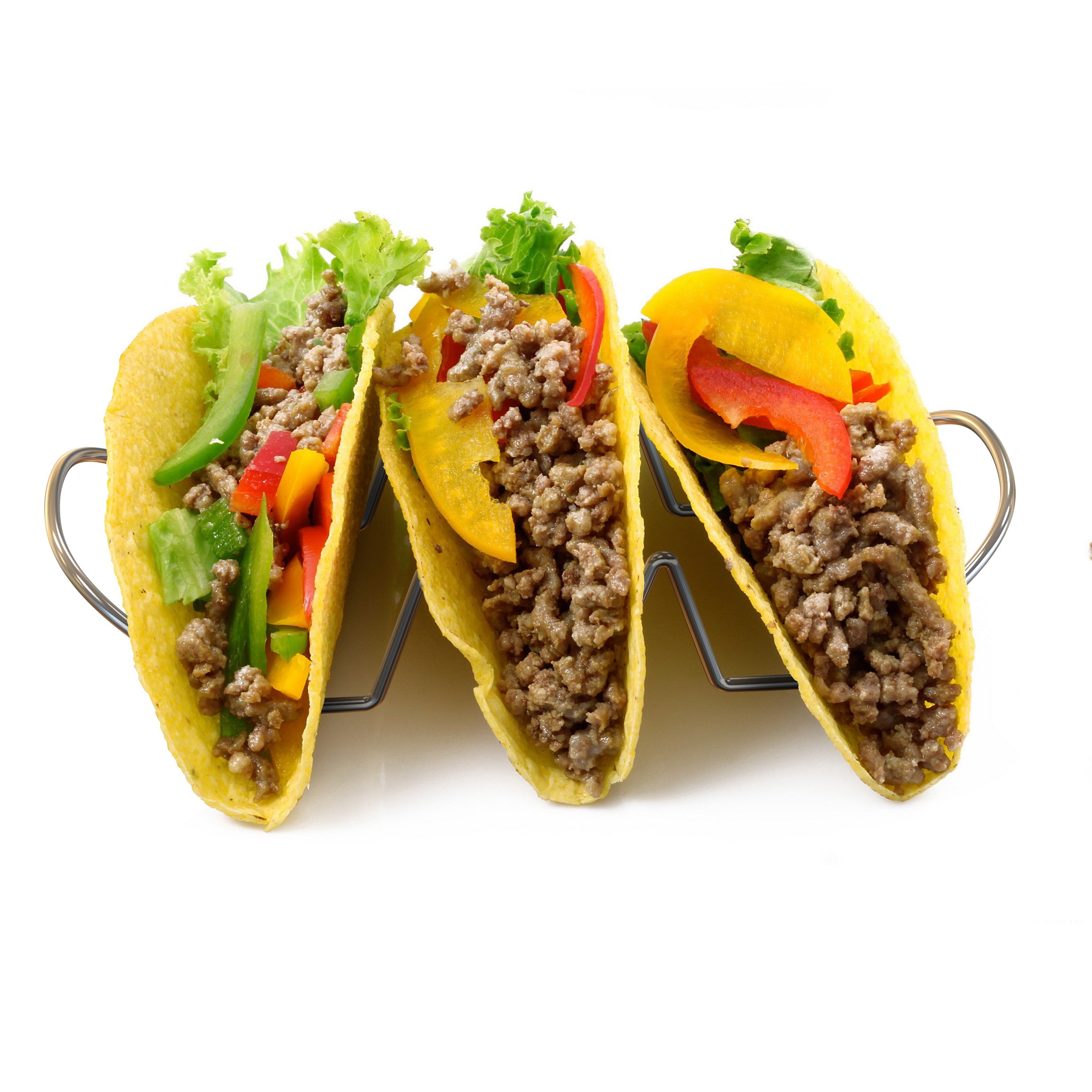 The Ultimate Taco Holder Set Of 2 By ROWLIX | Premium Stainless Steel Taco Racks | Easy To Clean & Stackable | Ideal For Hot Dogs, Tortillas, Pitas, Soft & Hard Shells | Dishwasher Safe 3 Tacos Stand