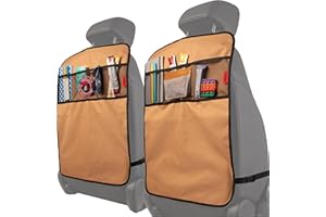 Lusso Gear Heavy Duty Kick Mats (2 Pk) - Back Seat Protector, Sag Proof, Waterproof, Car Back Seat Cover for Kids Who Make Big Messes, 3 Reinforced Storage Pockets, Premium Oxford Fabric (Tan)