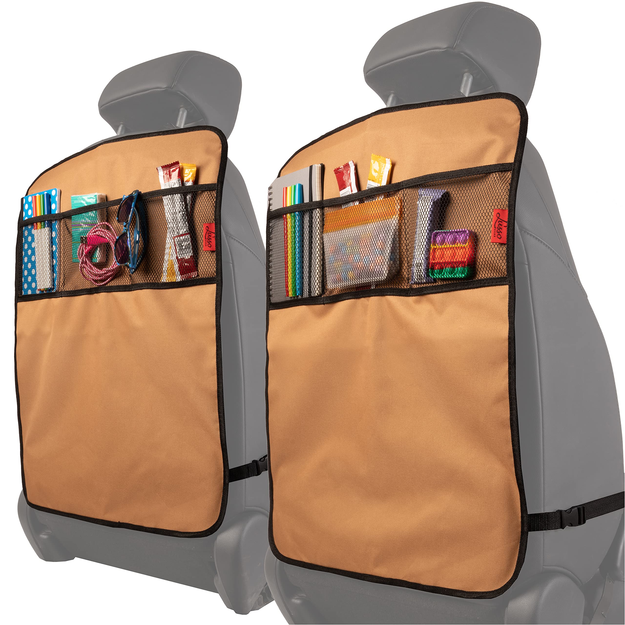 Photo 1 of Lusso Gear Heavy Duty Kick Mats (2 Pk) - Back Seat Protector, Sag Proof, Waterproof, Car Back Seat Cover for Kids Who Make Big Messes, 3 Reinforced Storage Pockets, Premium Oxford Fabric (Tan)