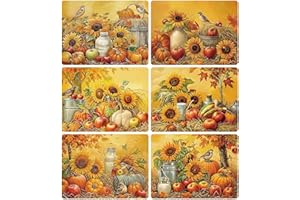 OBUSATT Fall Placemats Set of 6 Autumn Pumpkin Plastic Table Placemats Farmhouse Rustic Thanksgiving Placemats Vintage Sunflowers Holiday Outdoor Dining Table Place Mats for Party Kitchen Dining Decoration