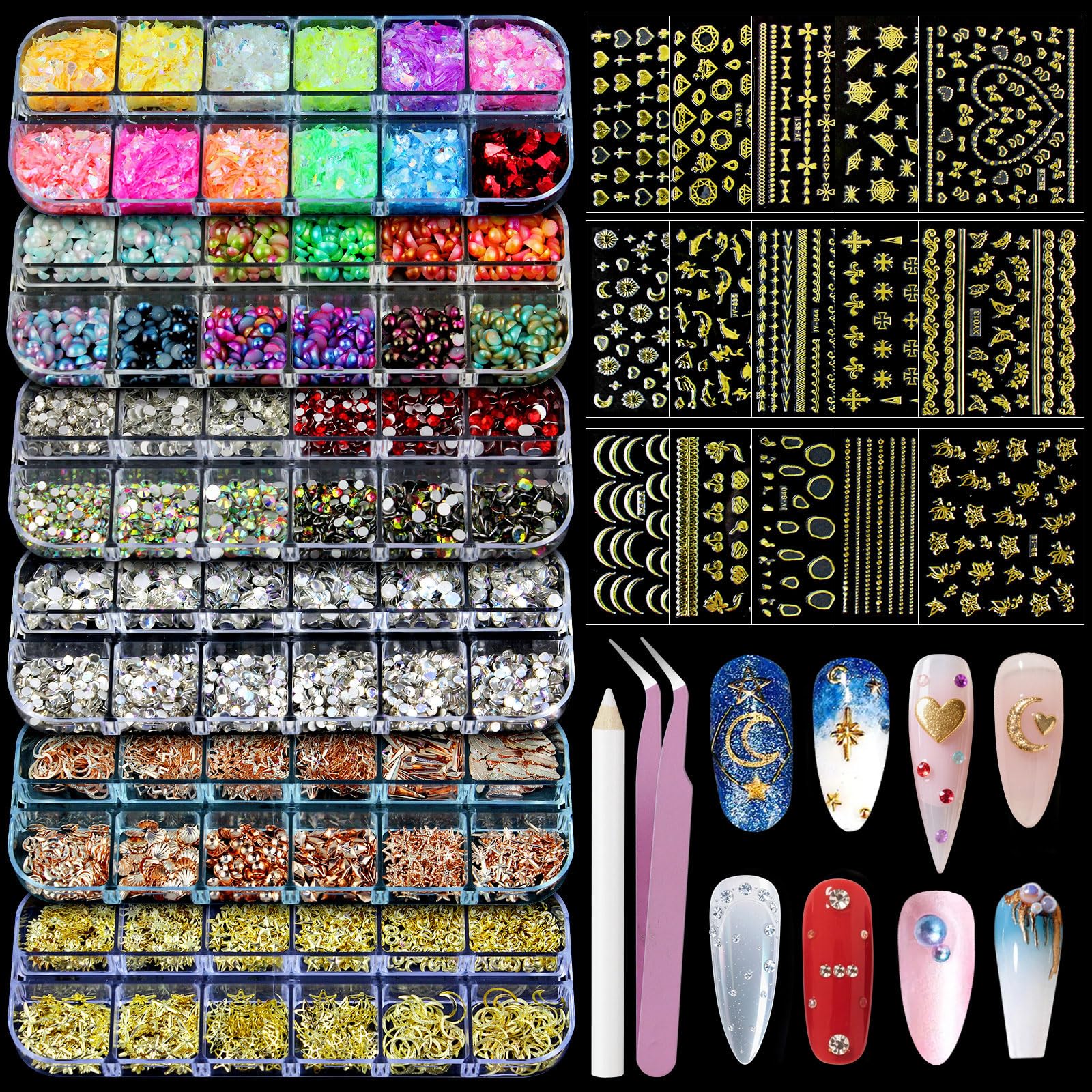 Photo 1 of Artdone Nail Art Studs Kit, 6 boxes Multicolor And Design 3D Charms With 15 Sheets Gold Nail Stickers, Diamond Cute Nail Jewels For DIY Decoration with Pickup Tools