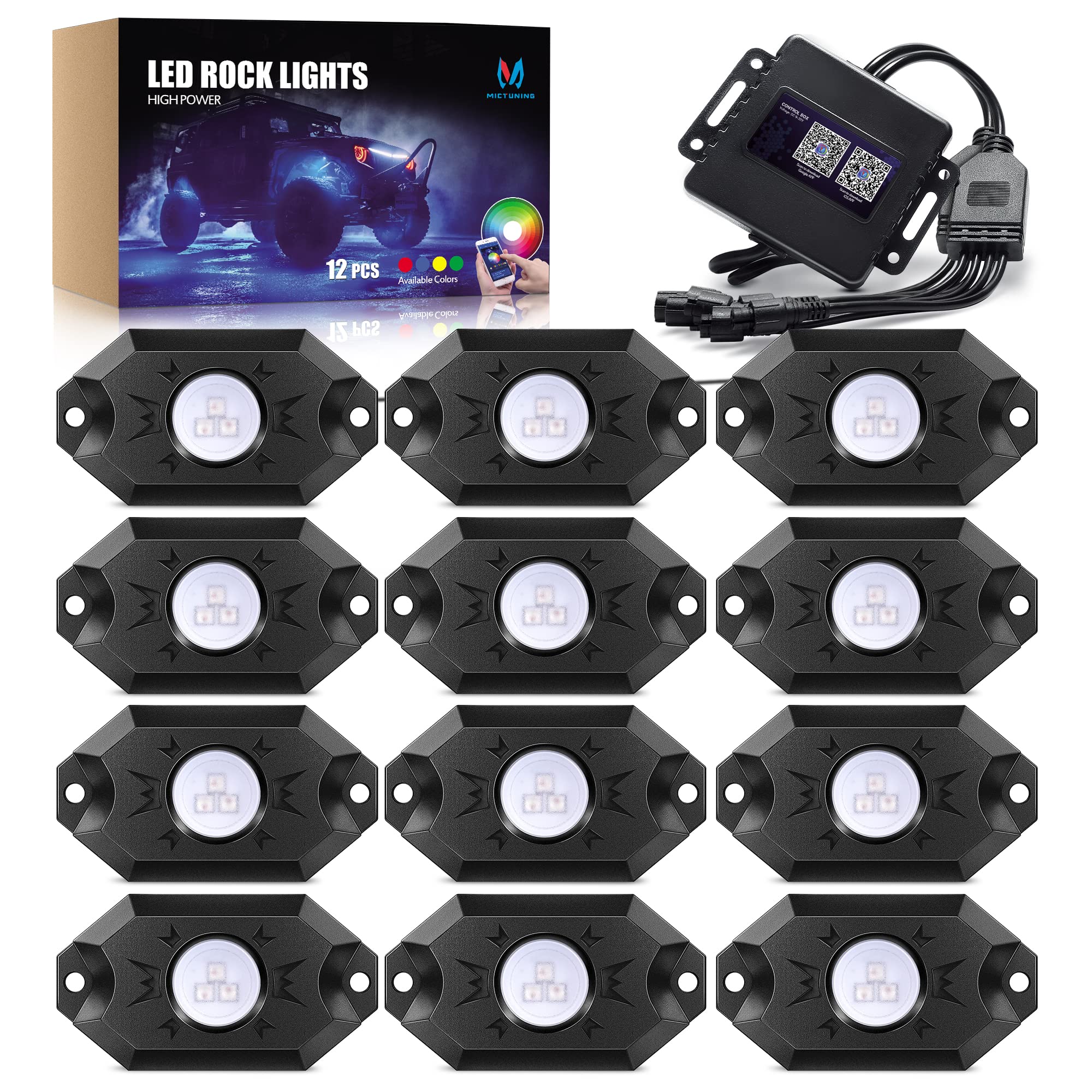 Photo 1 of MICTUNING 2025 Upgraded CM RGB Rock Lights Kits - 12 Pods Multicolor Neon Light Waterproof Underglow Lighting Kit with APP Control & Flashing & Music Mode